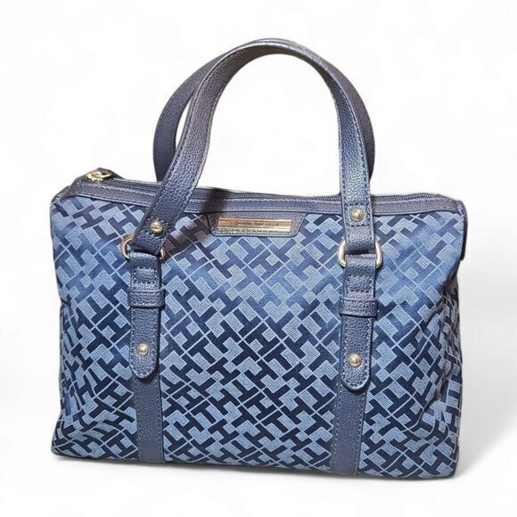 Tommy Hilfiger Navy Blue Monogram Fabric Faux Leather Trim Bag Nautical purse - Picture 1 of 7